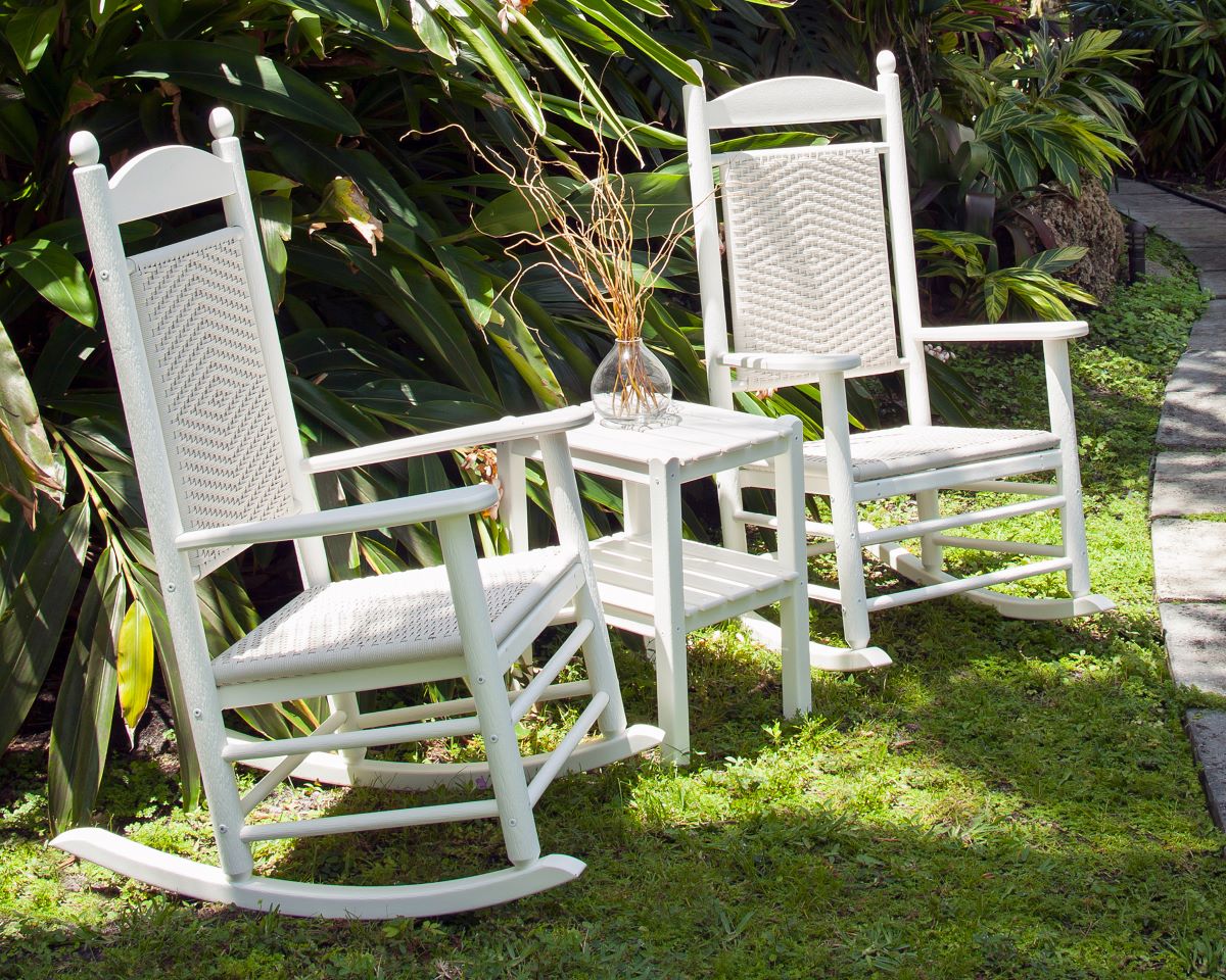 A POLYWOOD Jefferson 3-Piece Woven Rocker Set features clean white wicker seat and back panels and white HDPE lumber frames.